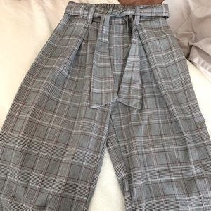 plaid wide leg elastic waist pants with waist tie🤎